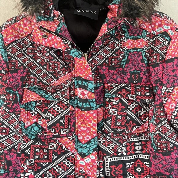 MINKPINK Colorful Quilted Jacket Size S Mid Length Coat Faux Fur Hooded Casual - Picture 10 of 15